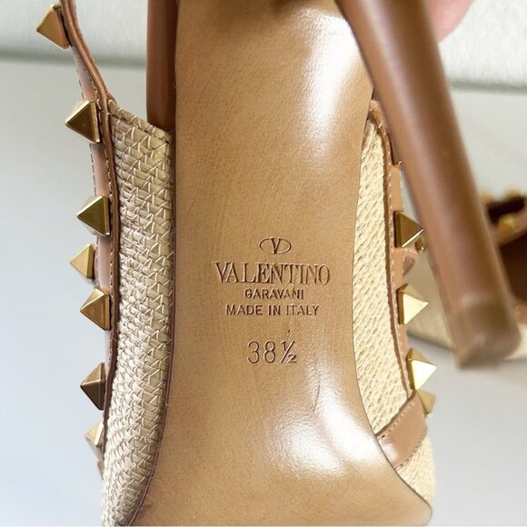 Valentino Garavani Rockstud Brown Leather Raffia Strappy Caged Heels - Picture 13 of 13